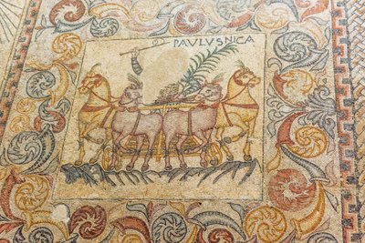 Mosaiken, die einen Wagenlenker mit vier Pferden darstellen von Roman Roman